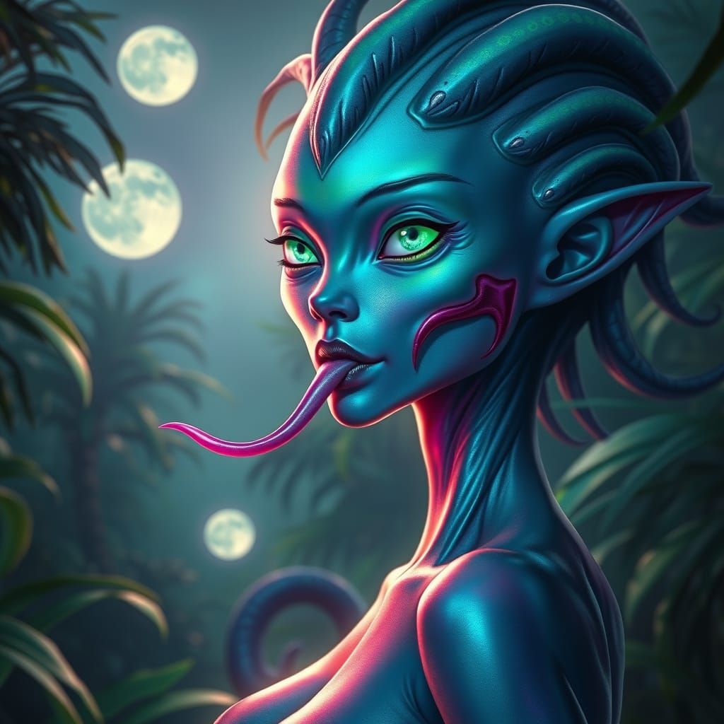 Alien Woman in Bioluminescent Jungle Digital Matte Painting