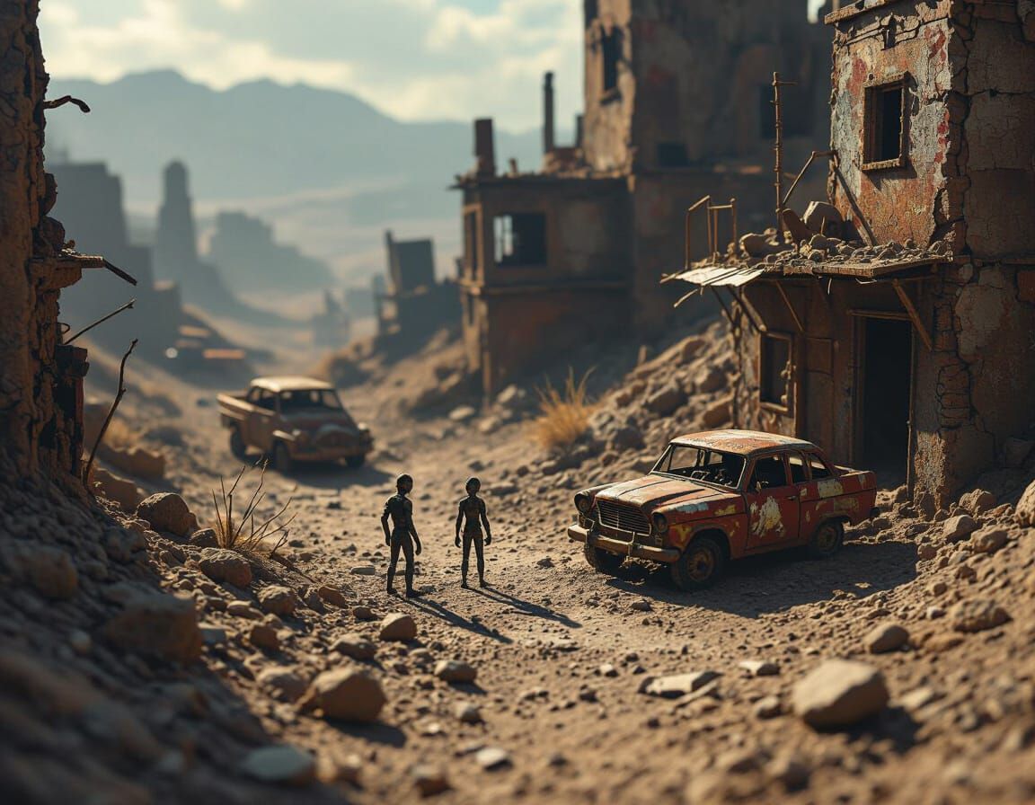 Dystopian Miniature Landscape with Rusted Vehicles
