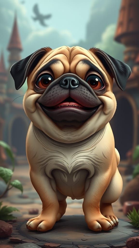 Clumsy Pug Caricature in Fantasy Matte Painting