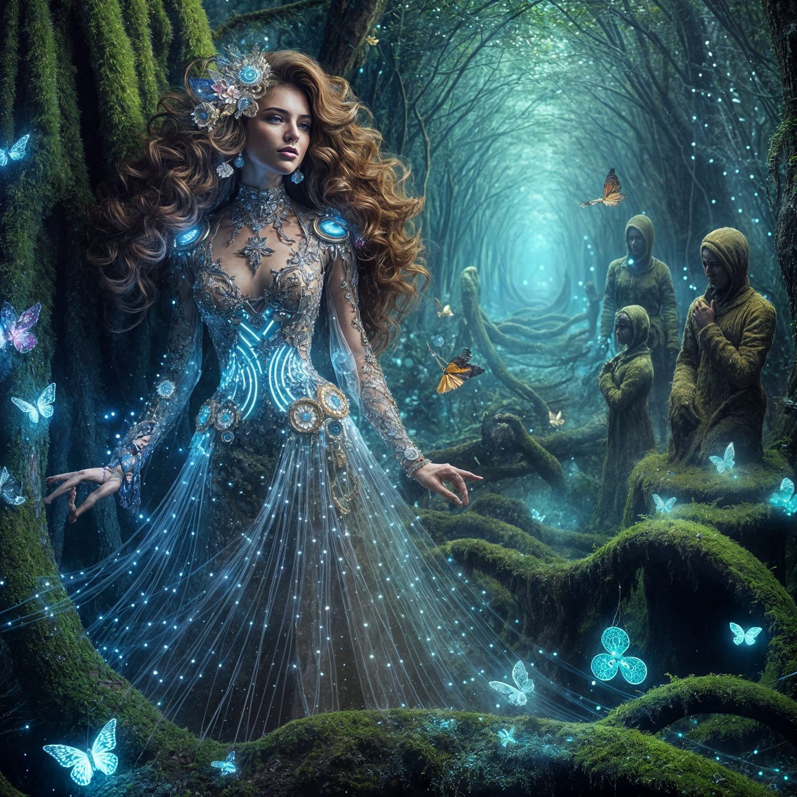 AI Goddess in Bioluminescent Grove, Hyper-Fantasy Style