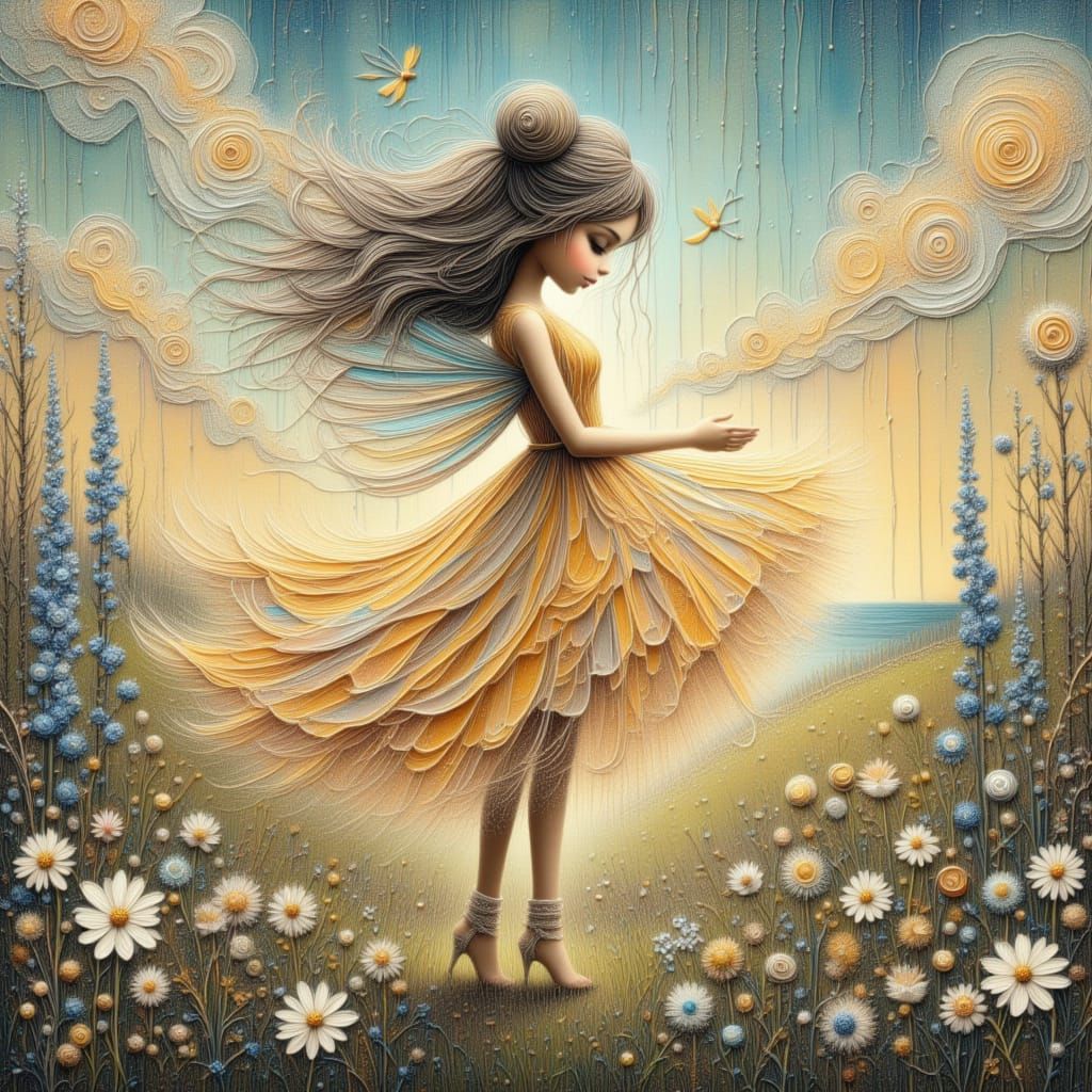 Ethereal Fairy Sprinkling Pollen on Flowers