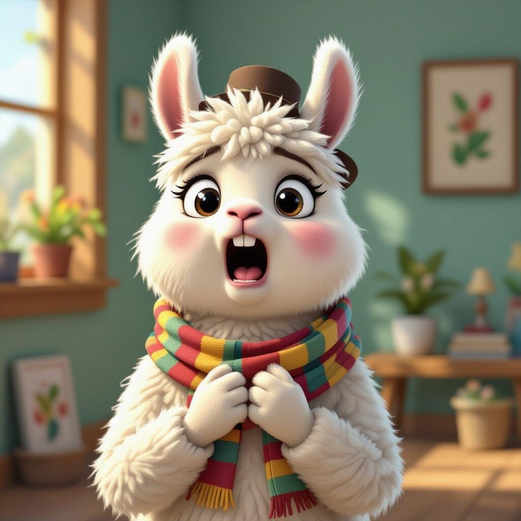 Cartoon Llama in Panic, Expressive Animal Portrait