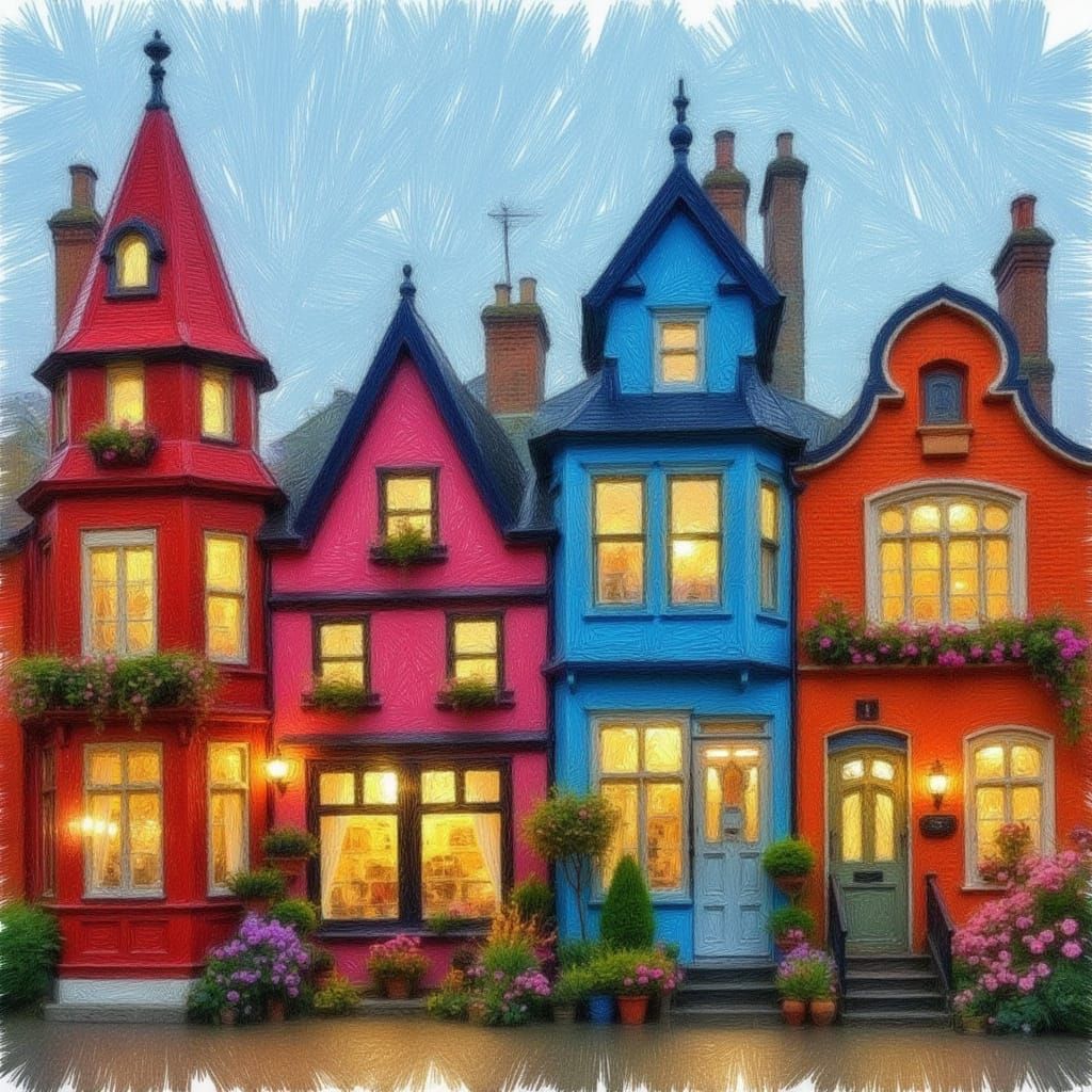 Charming Houses with Turrets in Red, Blue, and Yellow