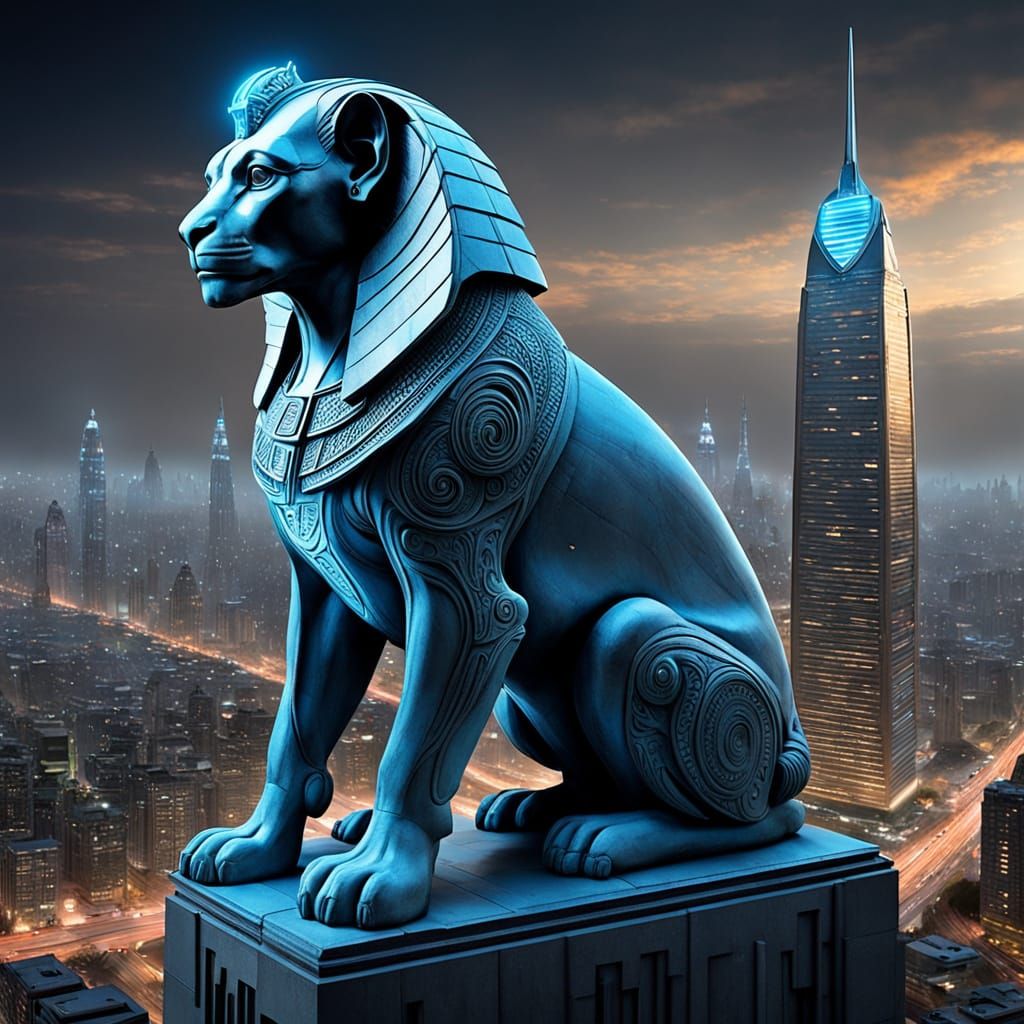 Futuristic Sphinx on Skyscraper in Art Nouveau Style