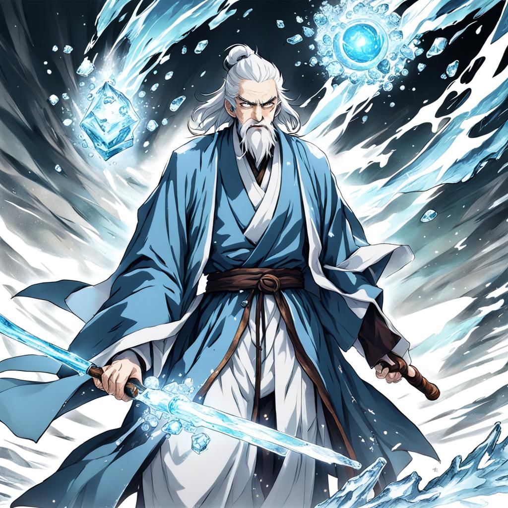 Feudal Japan: Old Man with Ice Powers in Anime Style