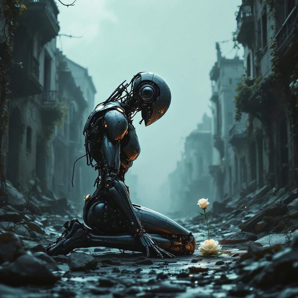 Robot in Ruined City with Rose, Sci-Fi Art