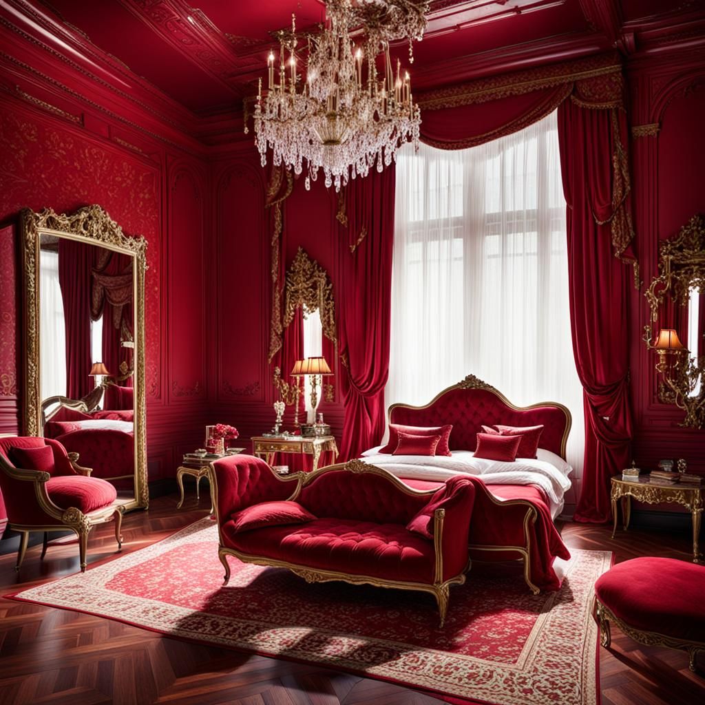Opulent Red Bedroom: A Gloomy Interior