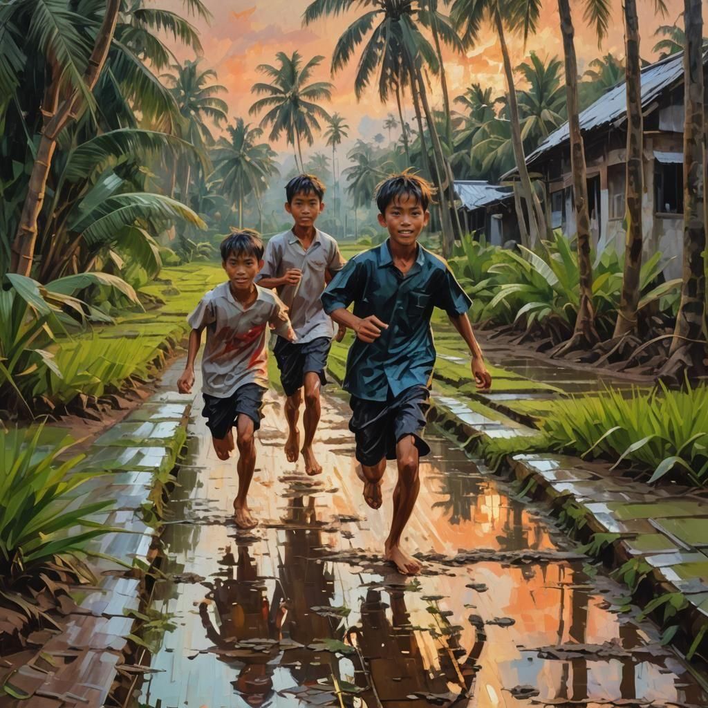 Cambodian Teenagers Running at Dusk: Oil Painting