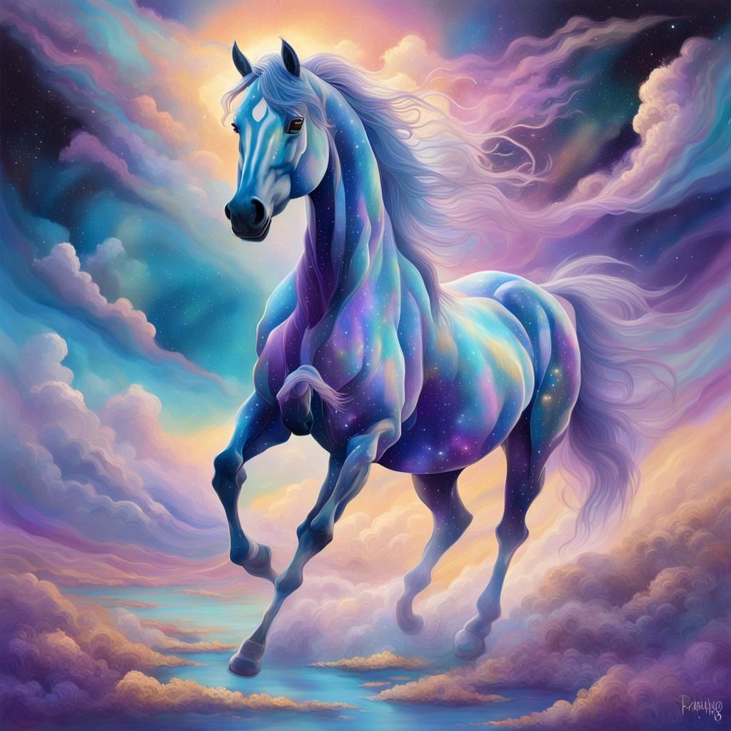Cosmic Horse in Astral Landscape with Holographic Glow