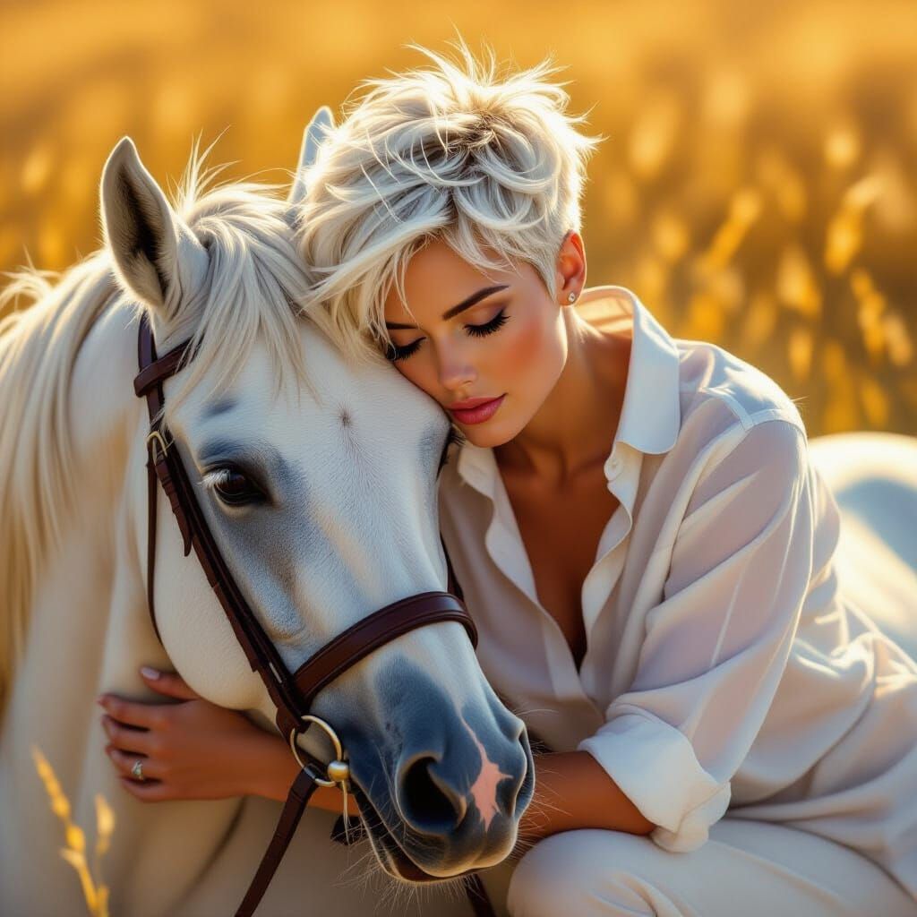 Woman Embraces Mare in Golden Hour Autumn Light