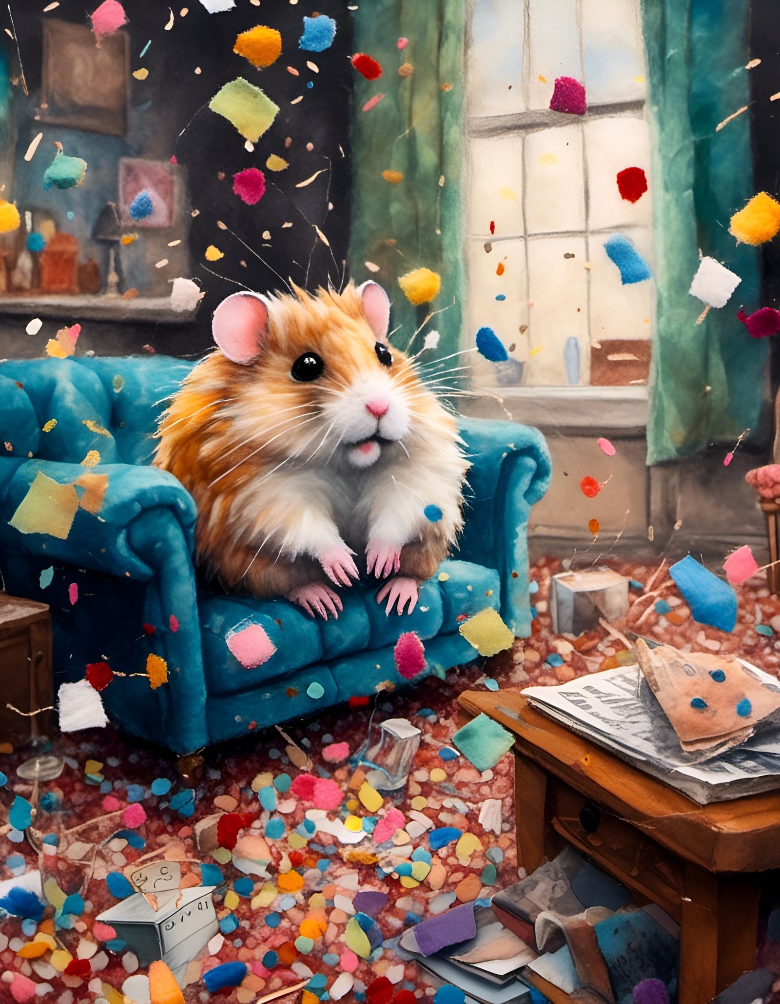 Mischievous hamster loves confetti.