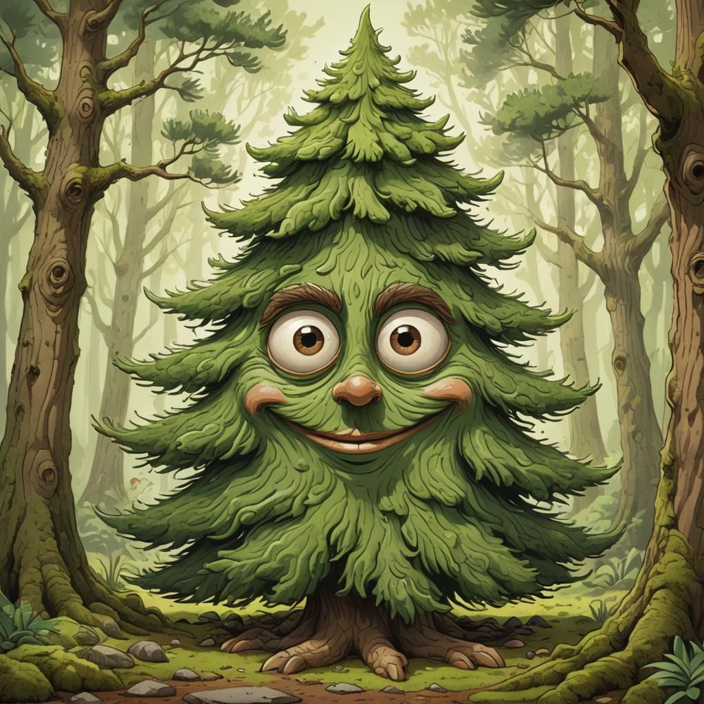 Humorous Evergreen Tree in Comic Book Style