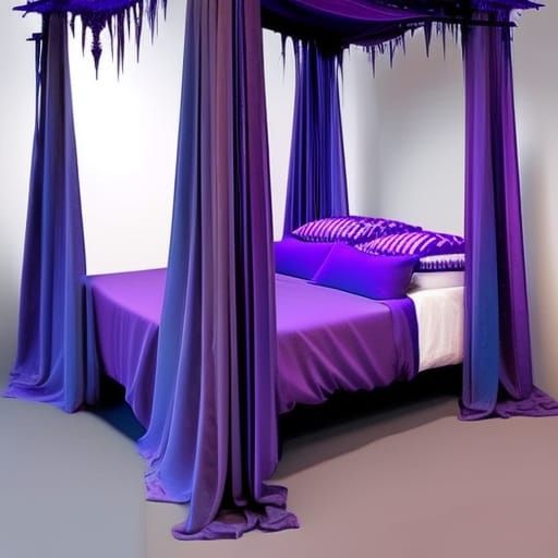 Ethereal purple gothic canopy bed with purple blanket& cobalt blue pillows& cobalt blue Strip lights at the top of the b...