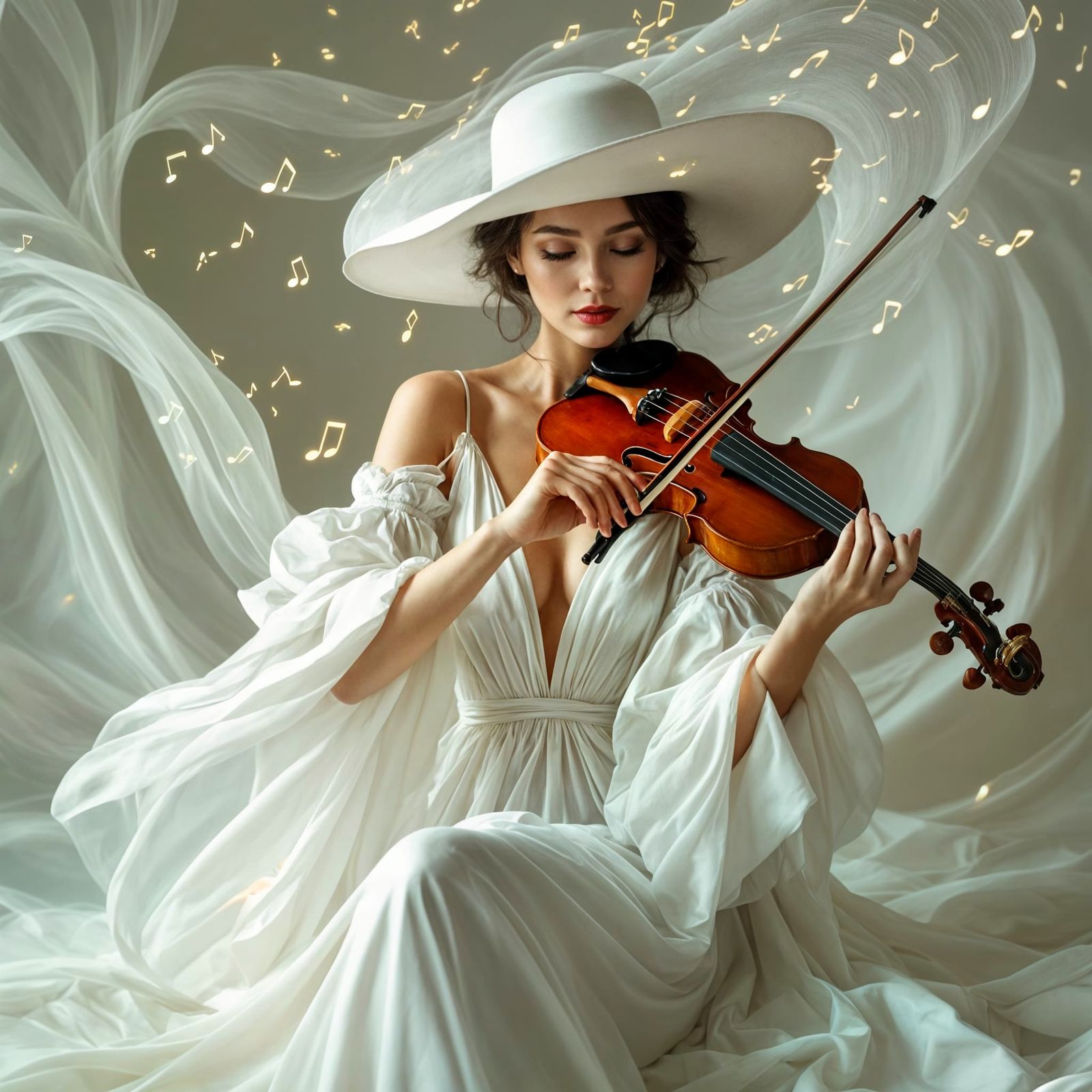 Ethereal Woman Plays Violin in Whispers of Wind