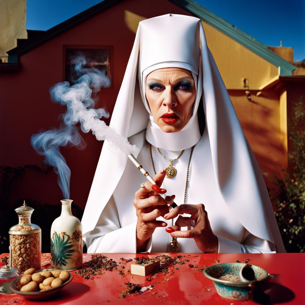 Humorous Portrait of a Nun Smoking