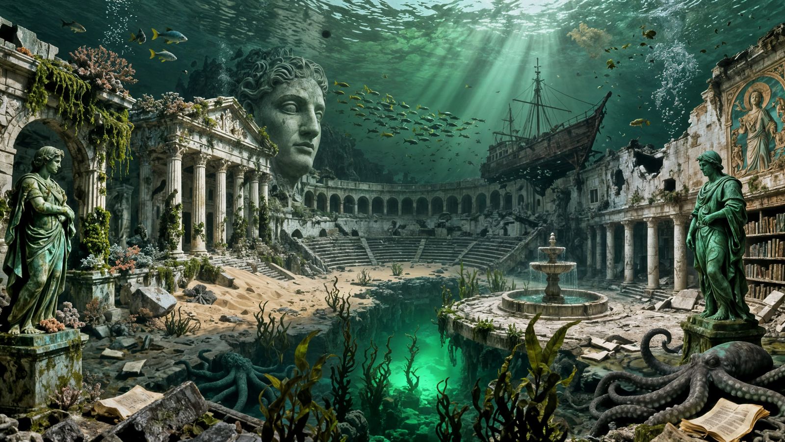 Sunken Ancient City in Green Ocean Light