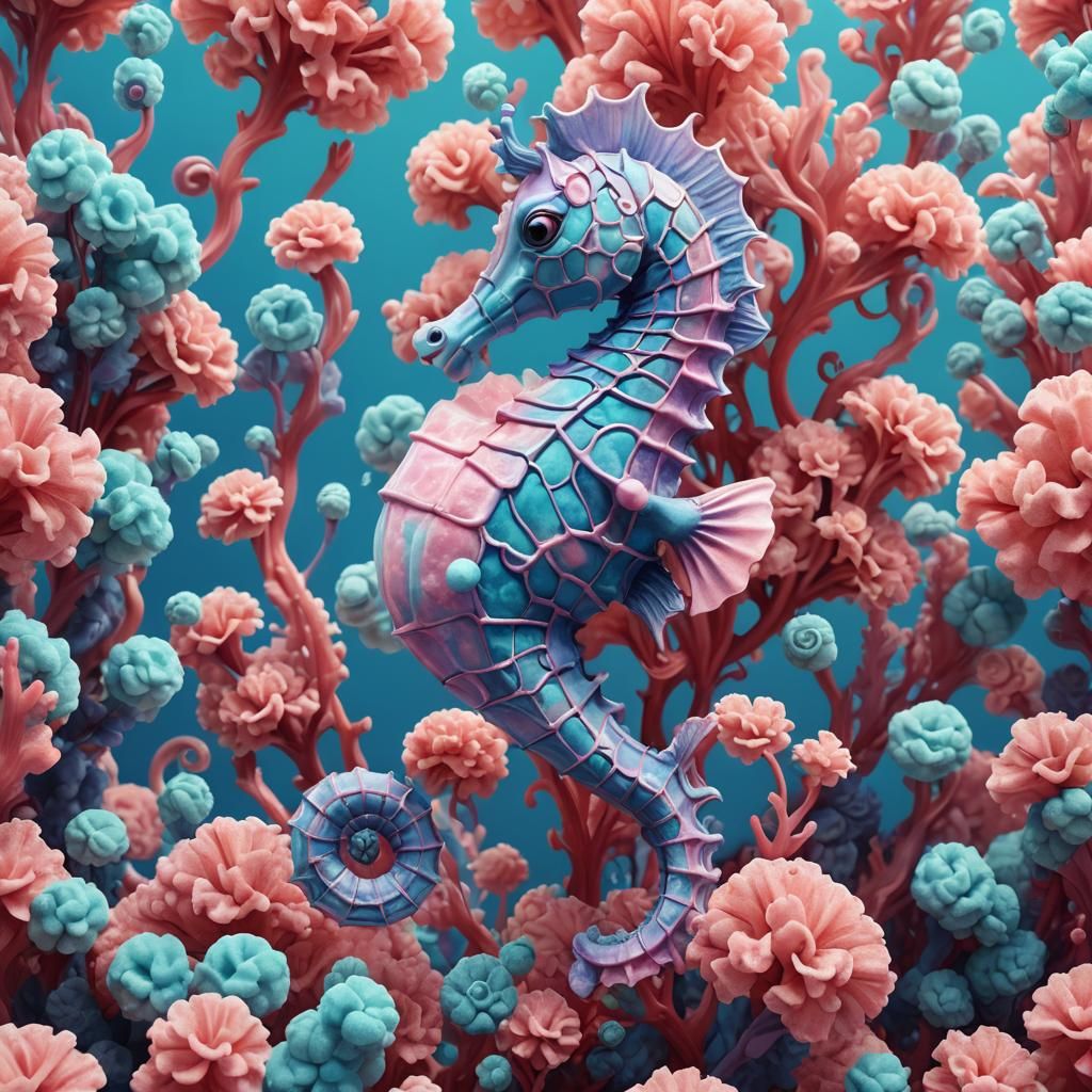 Cotton Candy Seahorse in Peppermint Coral: 3D Digital Art