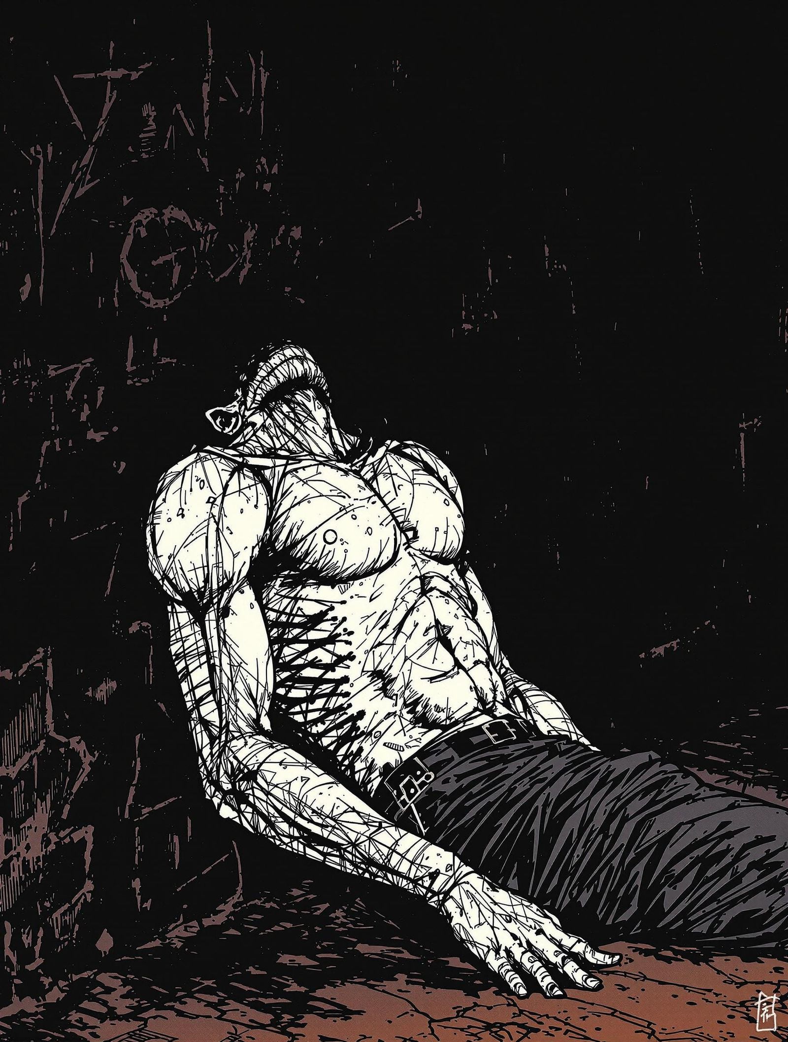 Exhausted Anime Character in Dark Alleyway