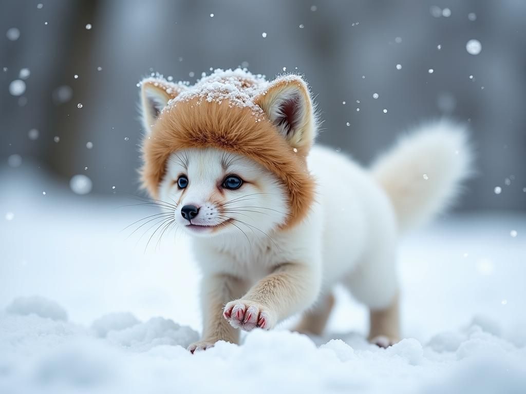 Arctic Fox Pup's Winter Frolic in Hyperrealism