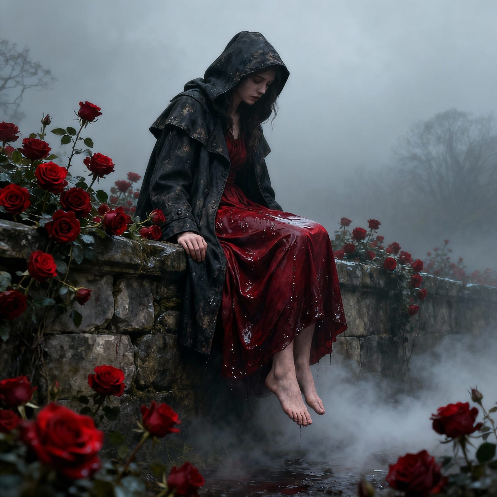 Gothic Woman on Stone Wall with Red Roses in Moody Fairytale...
