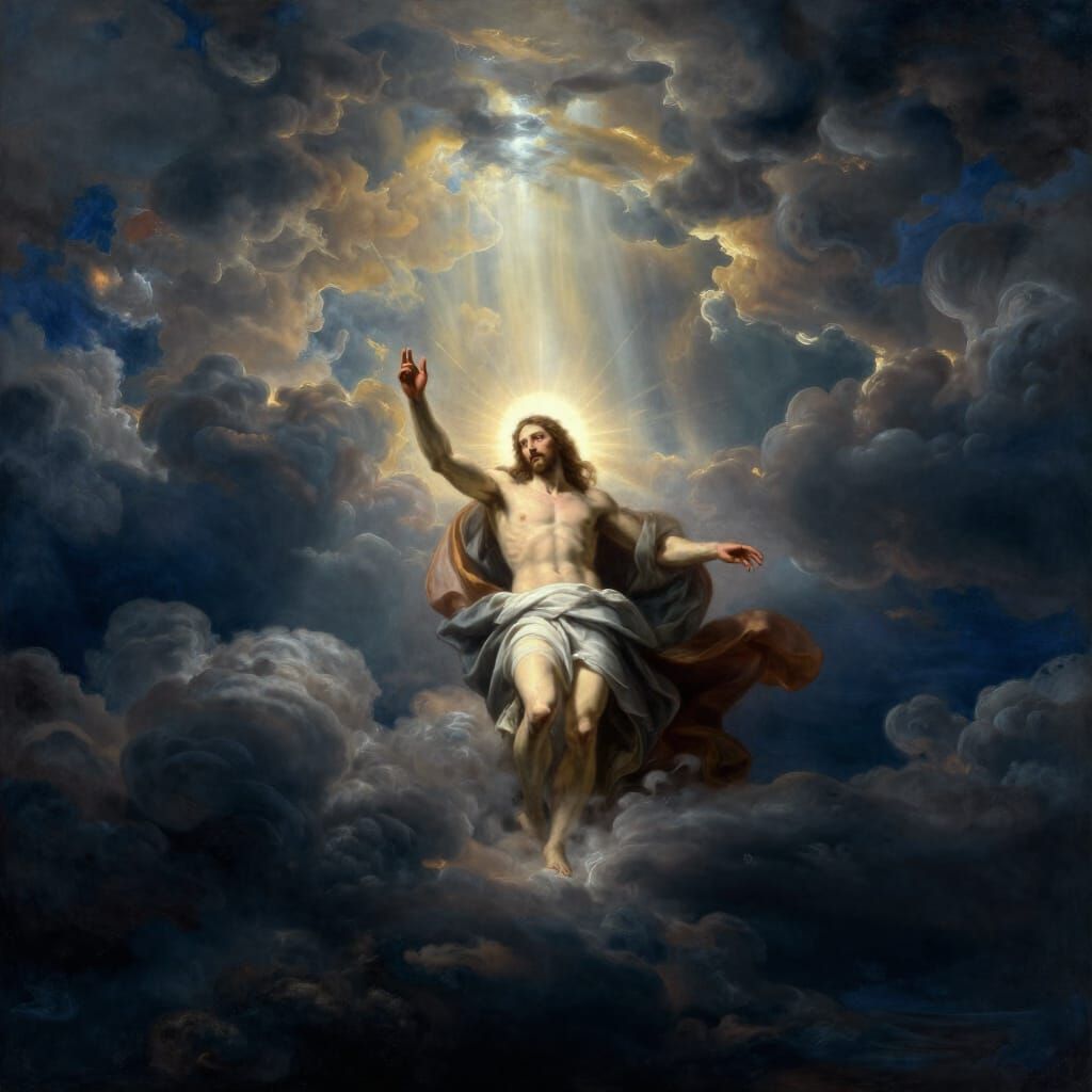 Jesus Appears Through Stormy Skies in Baroque Style