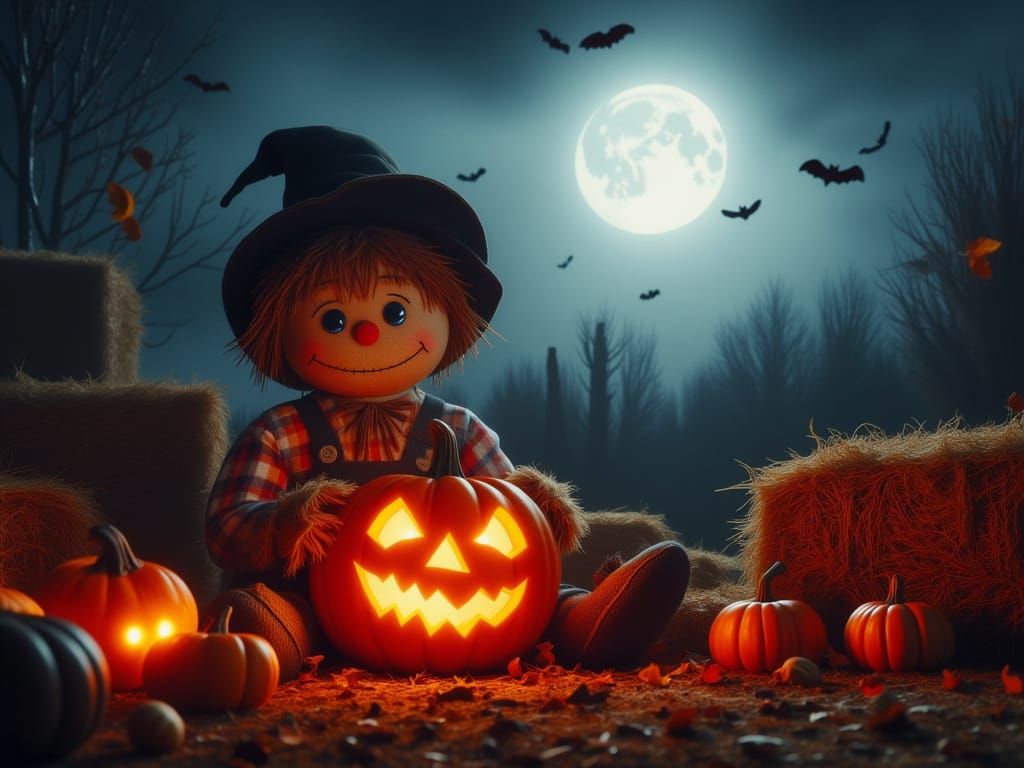 Scarecrow Carving Glowing Jack-o'-Lantern on Autumn Night