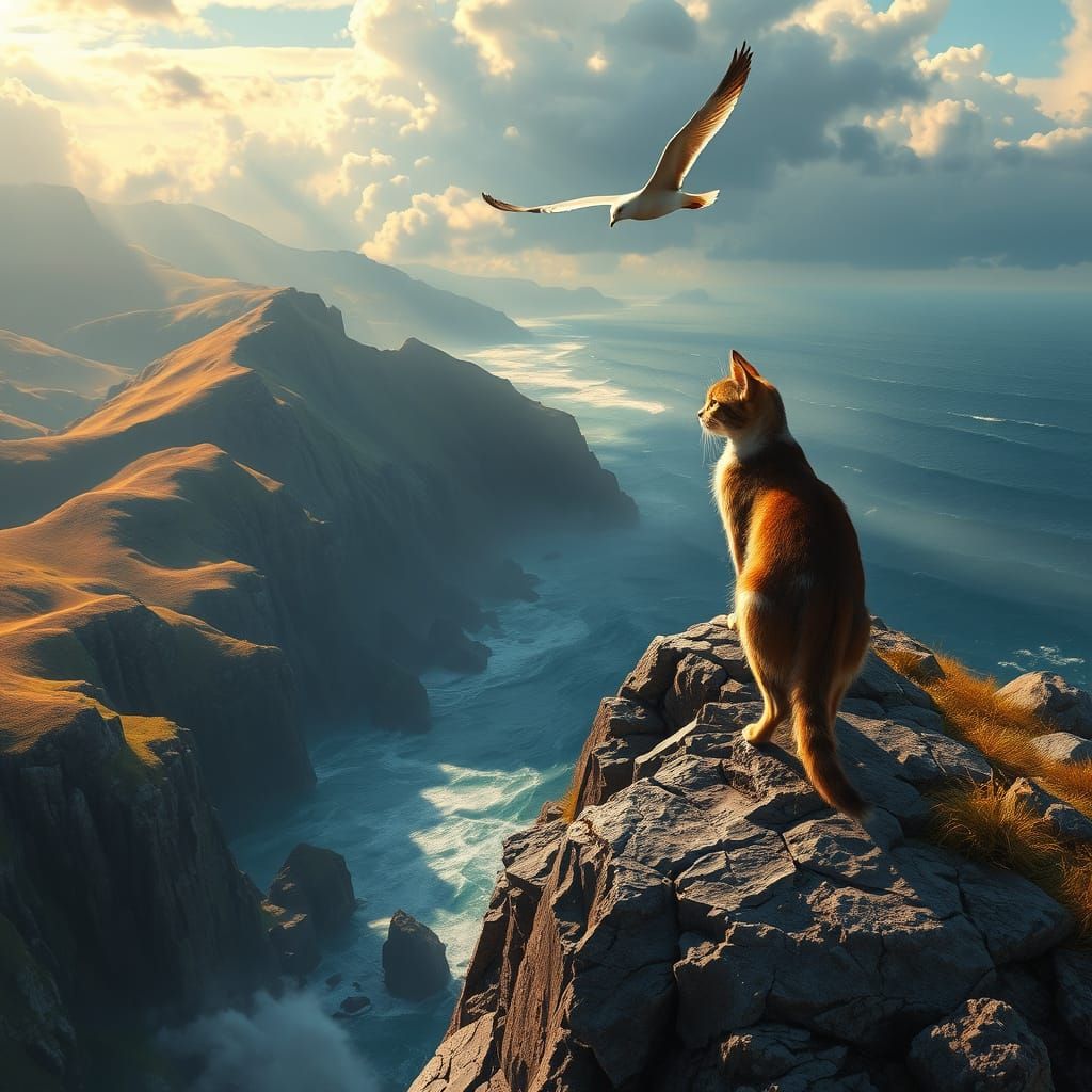 Whimsical Cat Observes Majestic Seagull from Cliff's Edge