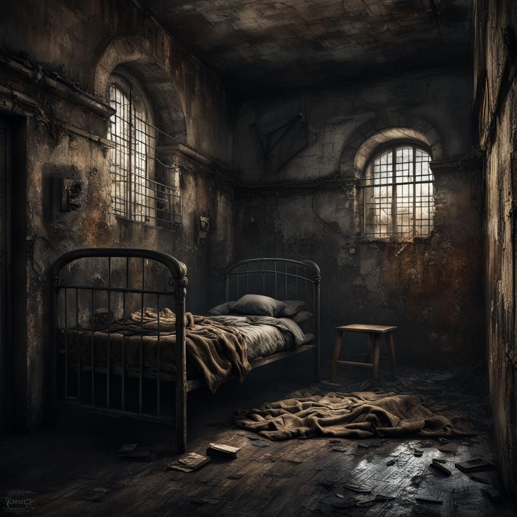 Dark Baroque Prison Cell with Ragged Blanket