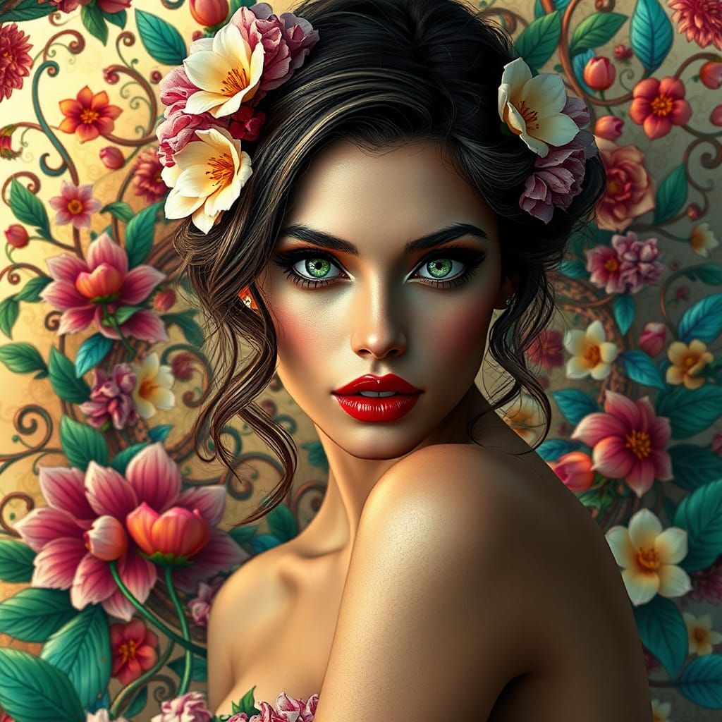 Exotic Woman Portrait with Floral Hair in 3D Shaded Style
