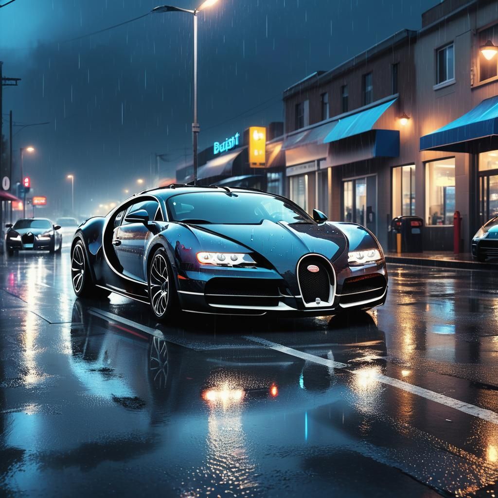 Bugatti in Rain: Hyper-Realistic Digital Art