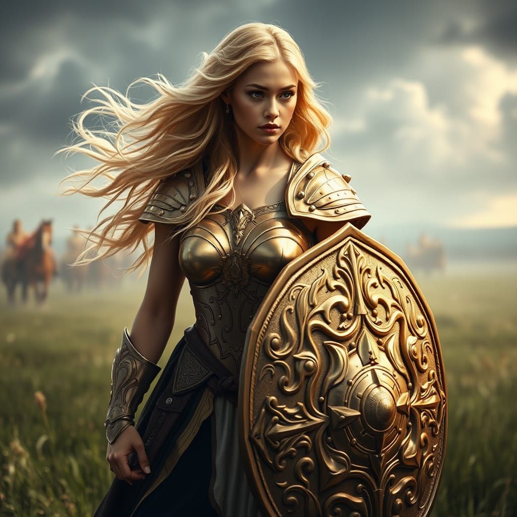 Ethereal Amazon Warrior in Golden Armor