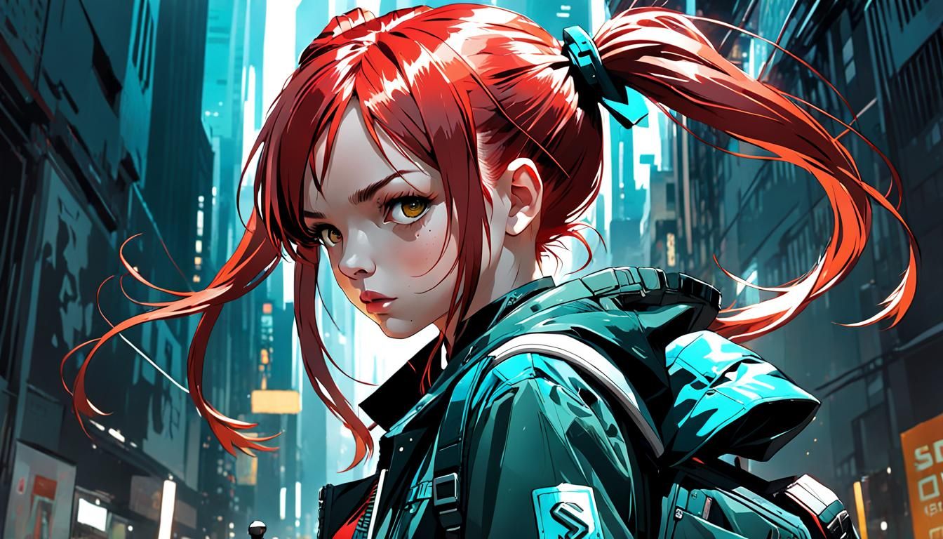 Red-Haired Girl with Pigtails in Comic Style