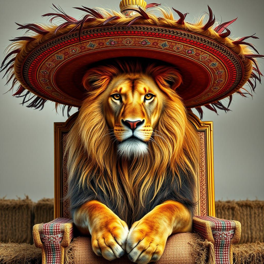 Majestic Lion in Sombrero on Hay Bale Throne