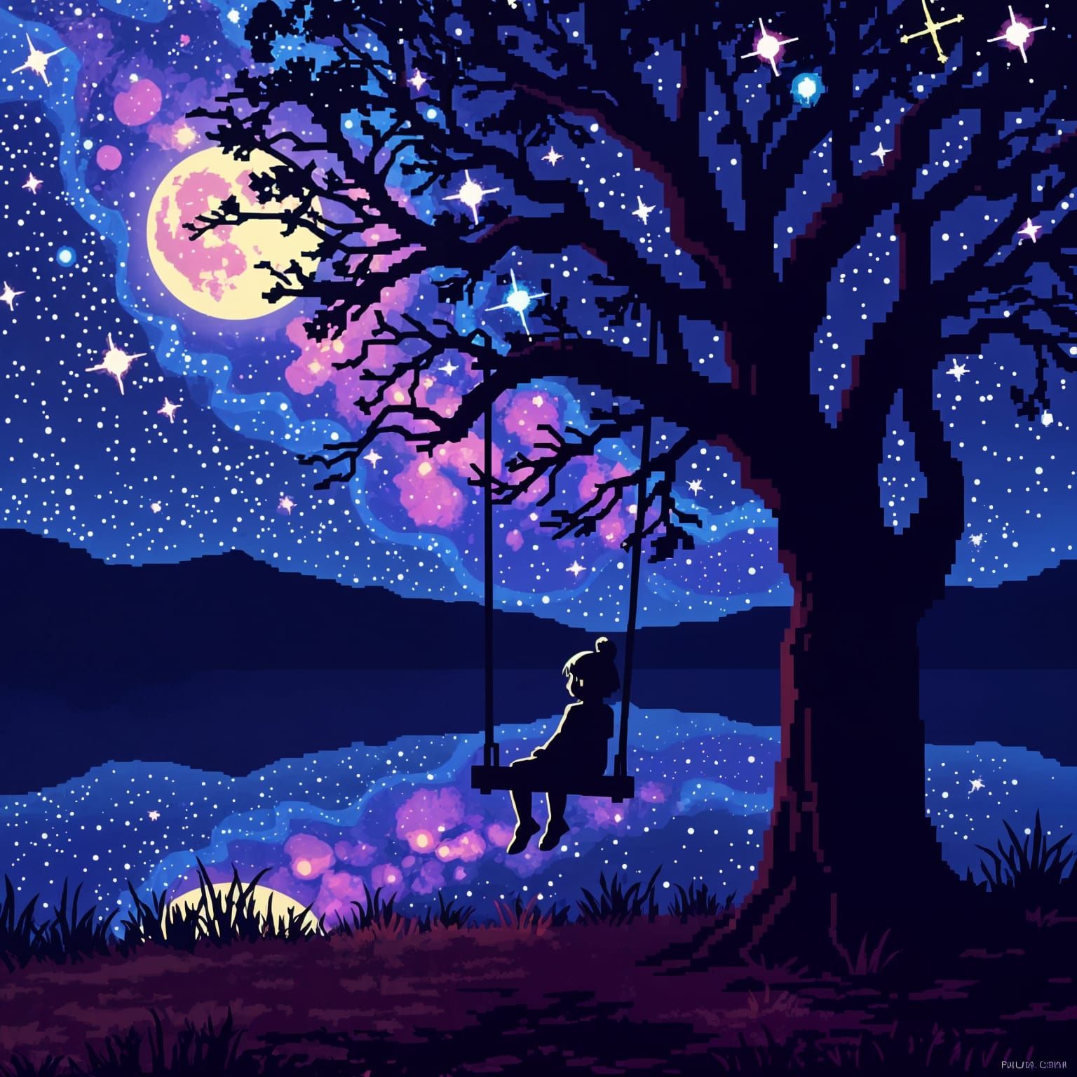 Pixel Art Girl Gazing at Starry Night