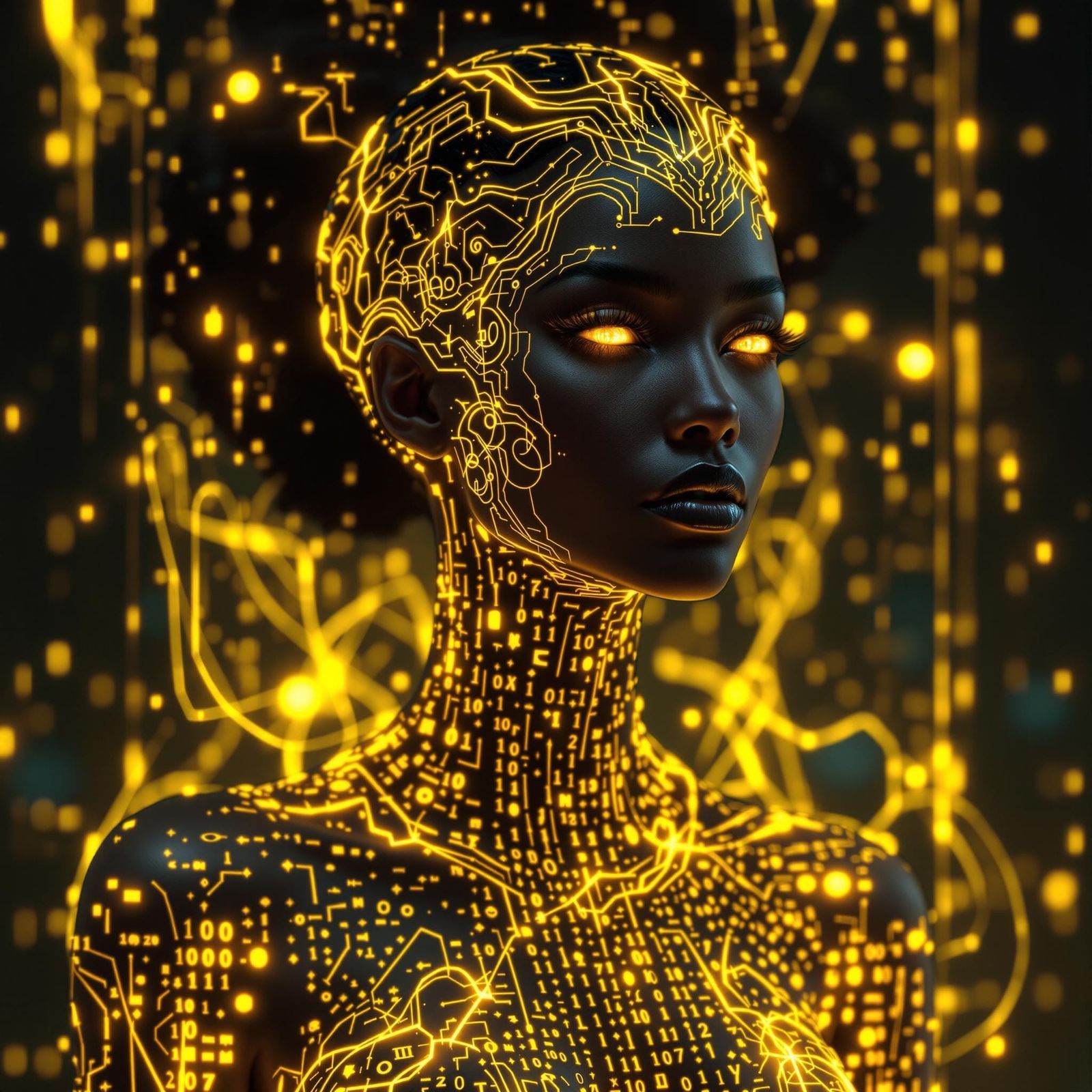 Digital Woman Composed of Glowing Matrix Glyphs