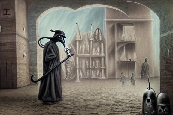 Plague Doctor in Dystopian Rat City, Baroque Style