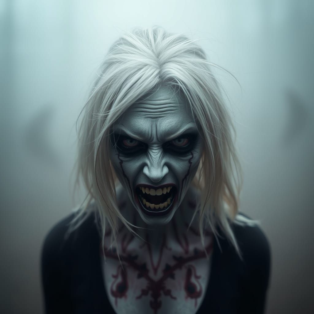 Gothic Zombie Woman Strolls Through Haunting Fog