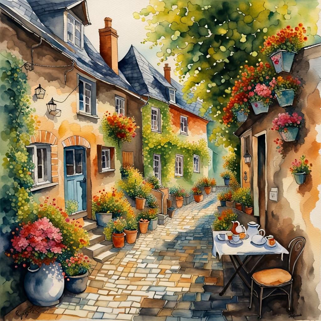 Whimsical German Suburban Oasis in Vibrant Watercolor