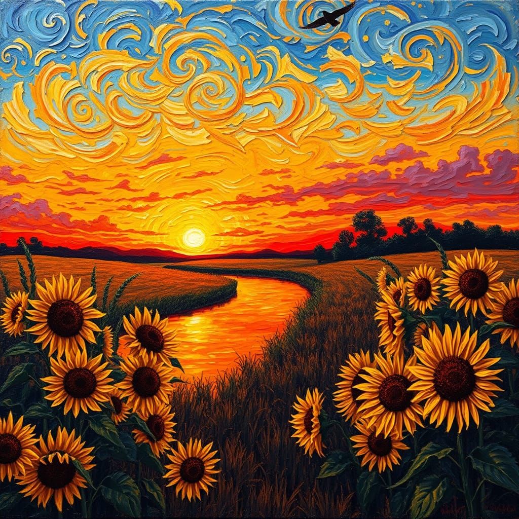 Sunset River Landscape in Post-Impressionist Style