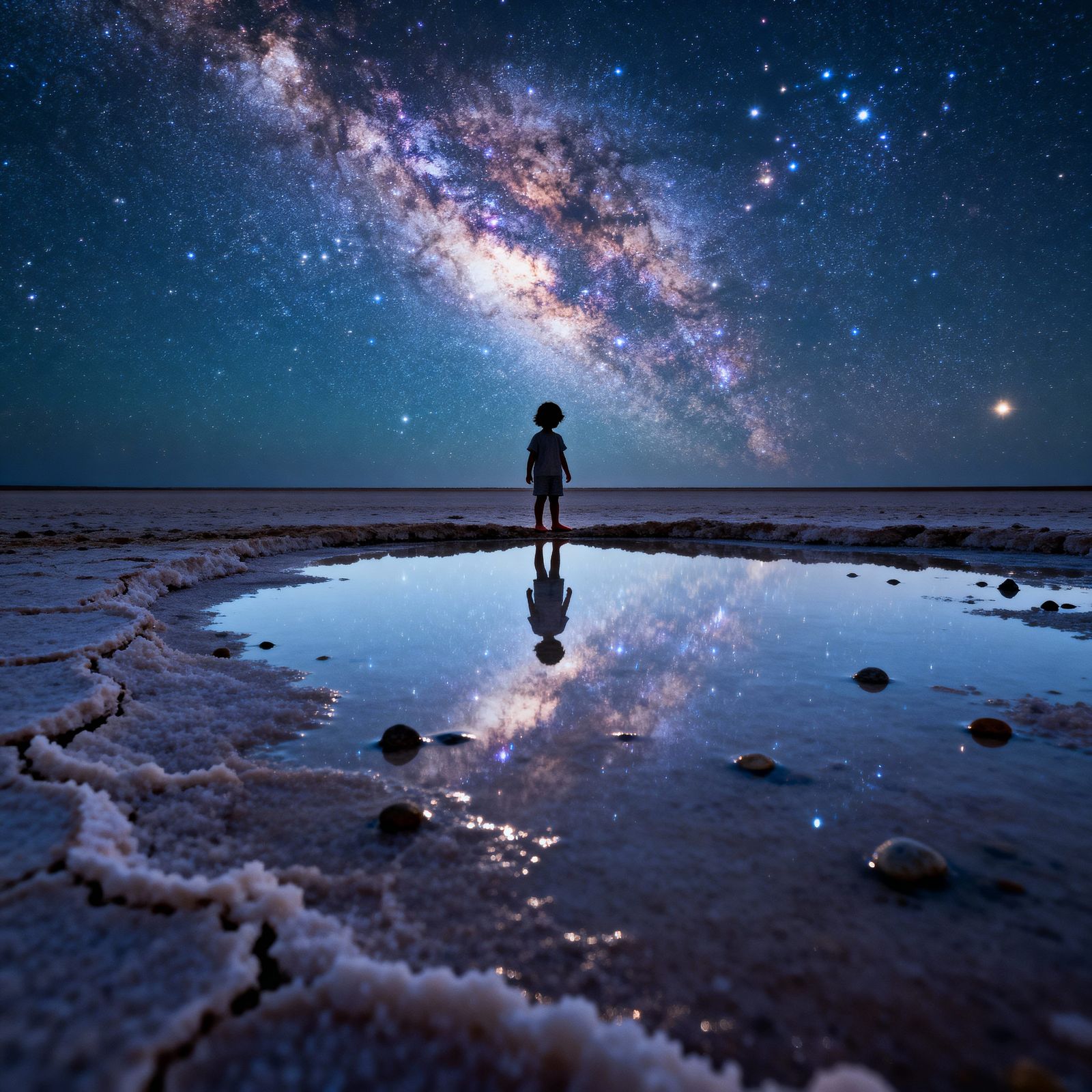 Child Gazes at Milky Way Reflected on Wet Salt Flat