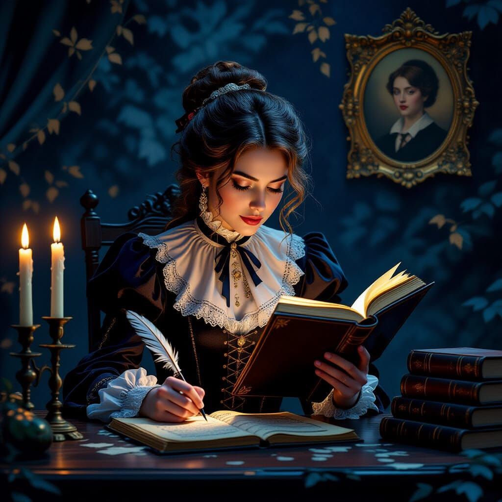 Victorian Woman Writes a Letter by Candlelight