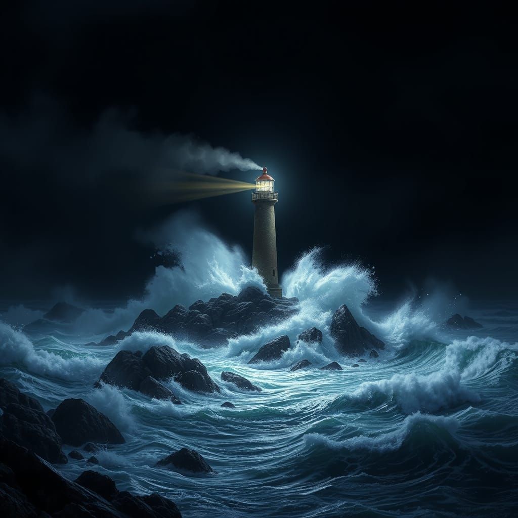 Ominous Night, Pixar-Style, with Tempestuous Sea and Lightho...