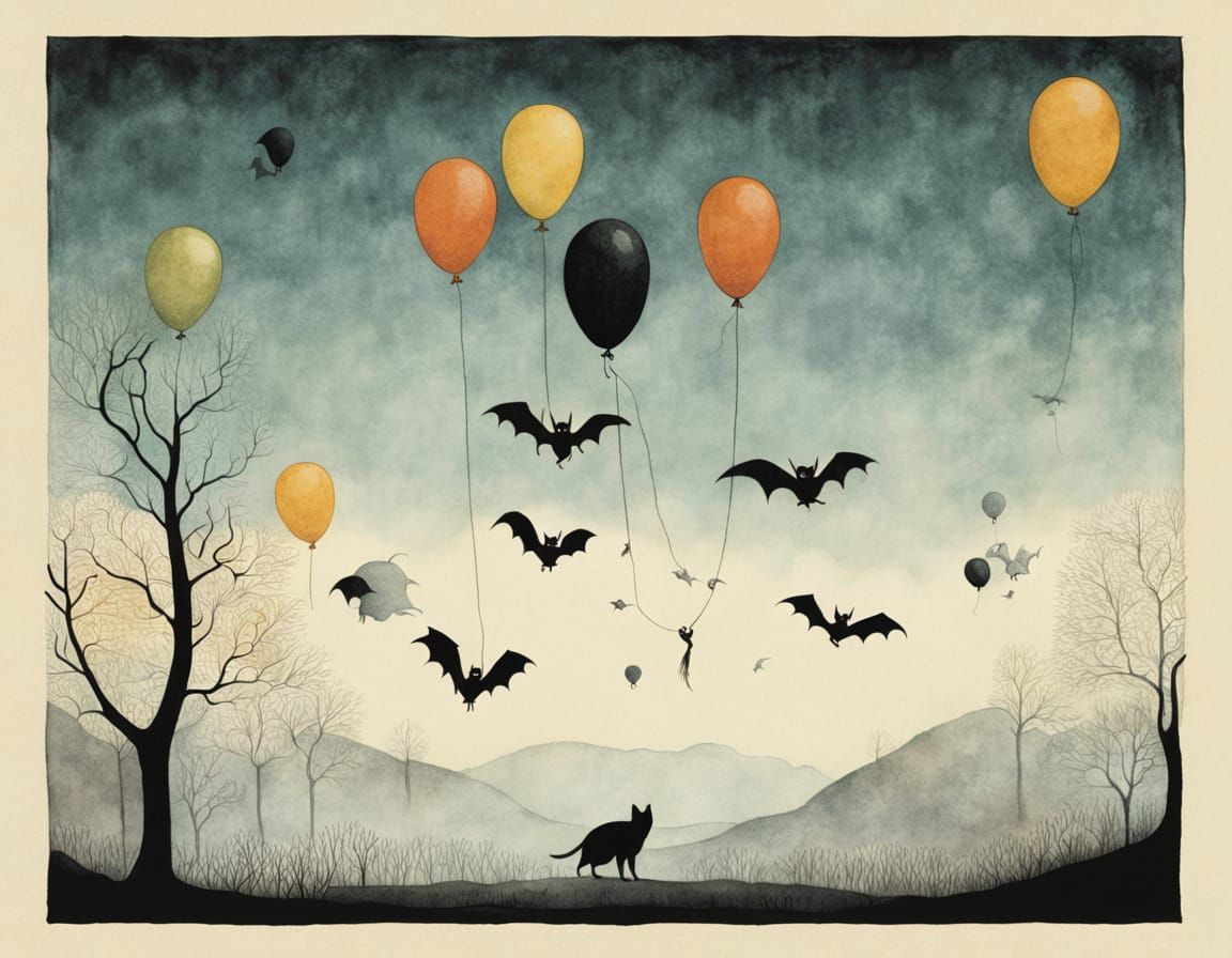 Whimsical Bats With Birthday Balloons