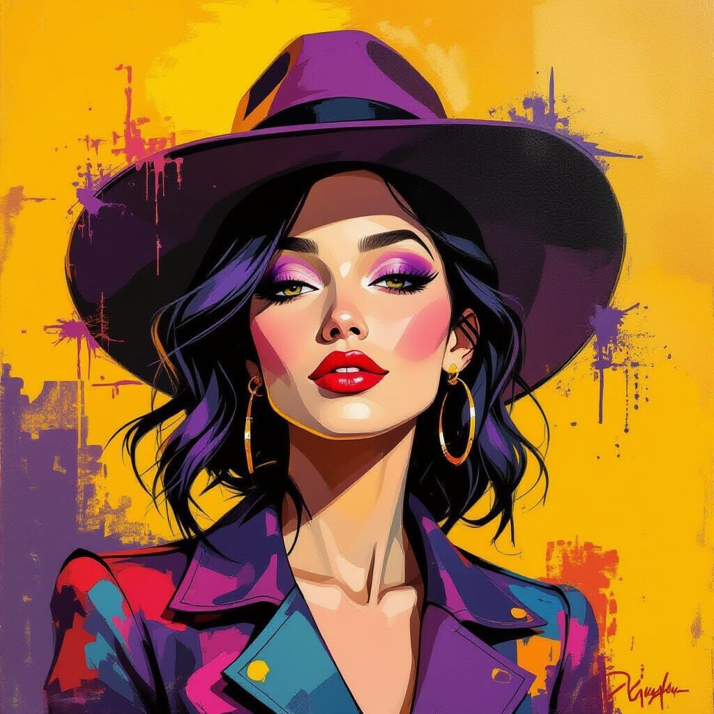 Vibrant Yellow and Purple Street Art Painting