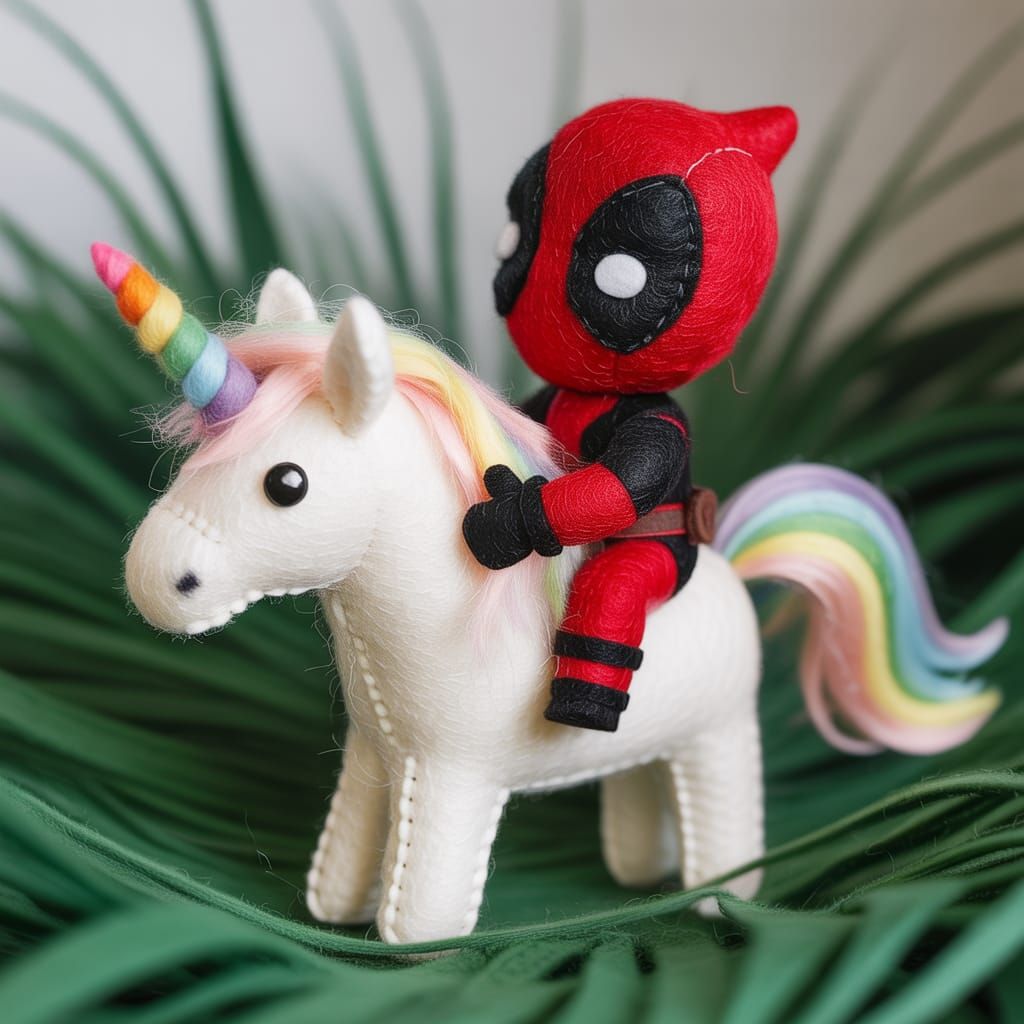 Deadpool Rides a Unicorn: A Whimsical Felt Sculpture