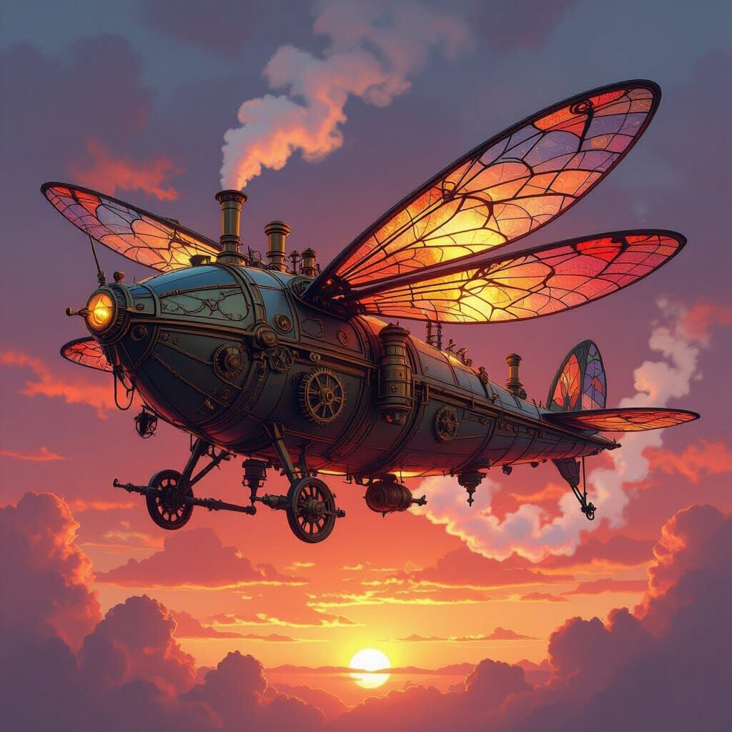 Steampunk Dragonfly Airship Soaring at Sunset