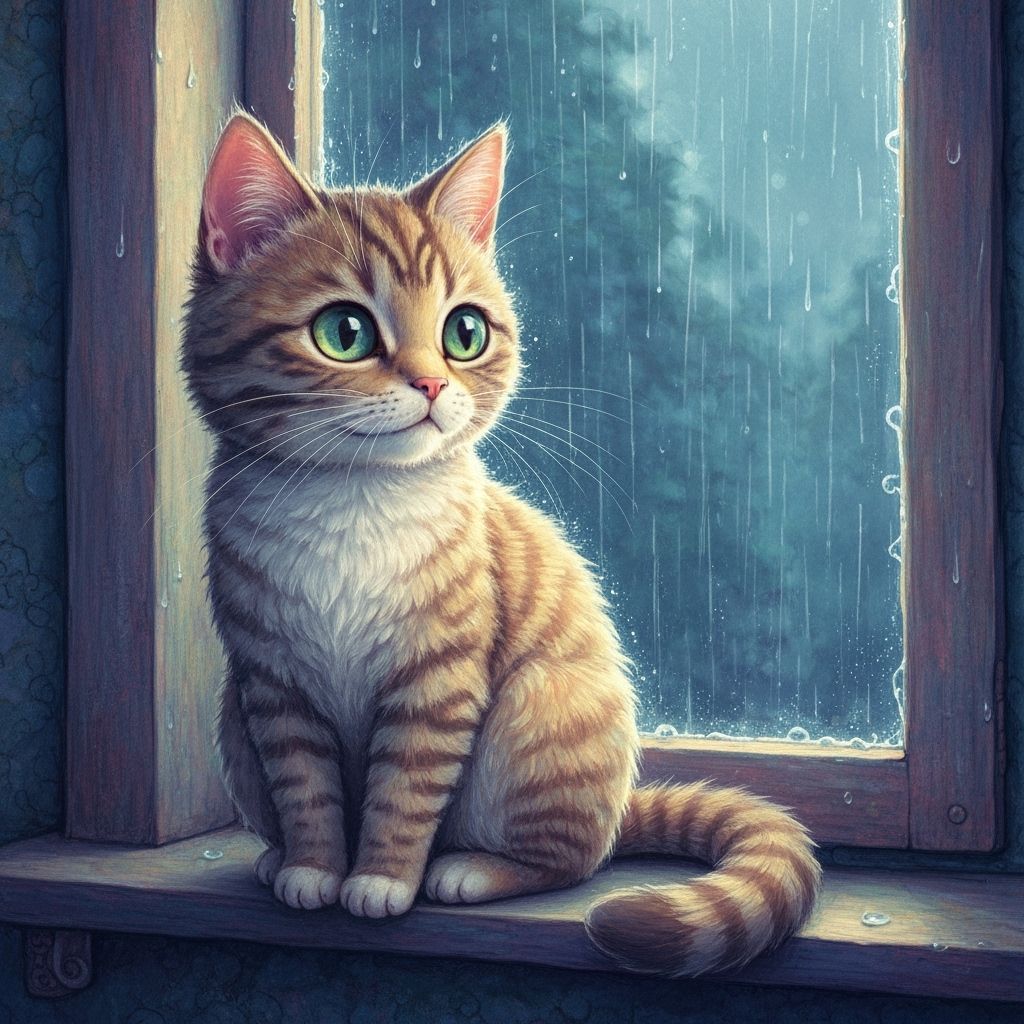 Kawaii Cat Watches Rain in Storybook Style