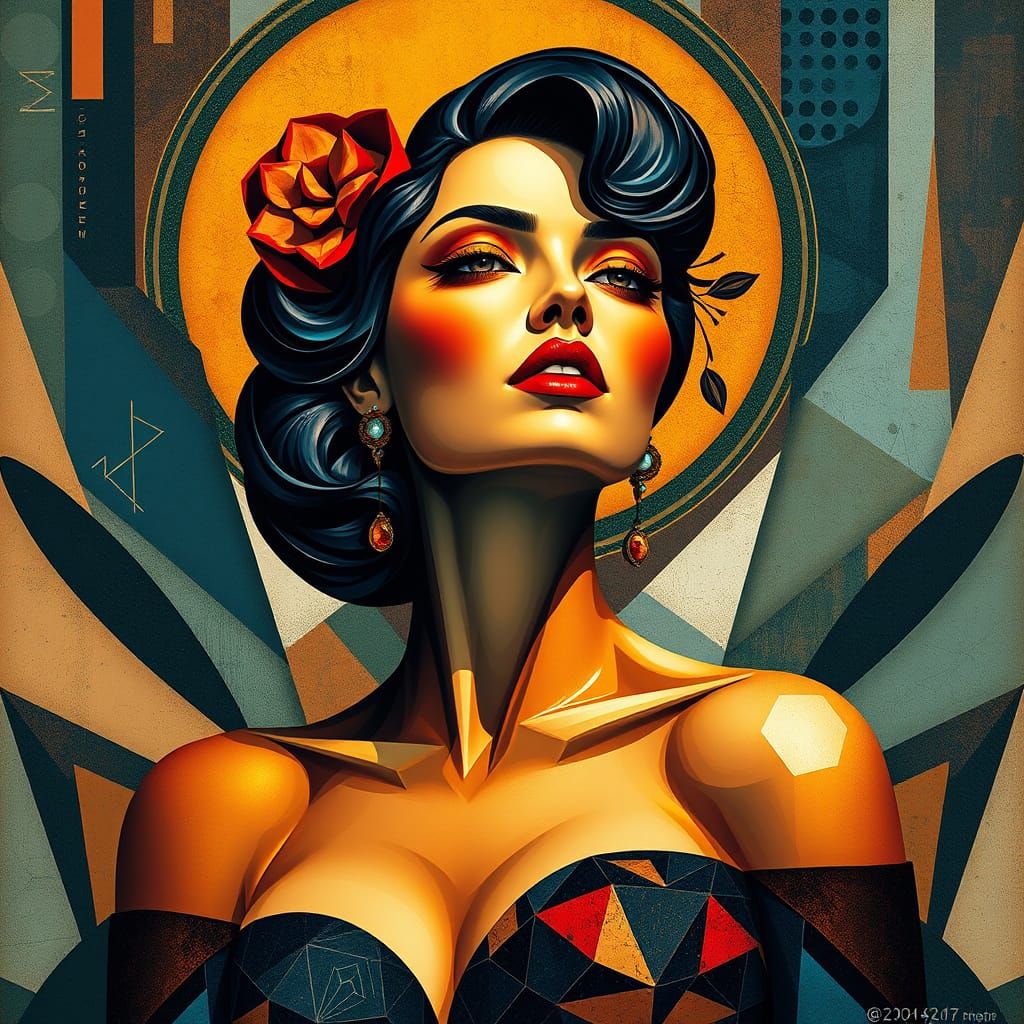 Neo-Cubist Femme in Bold Geometric Patterns