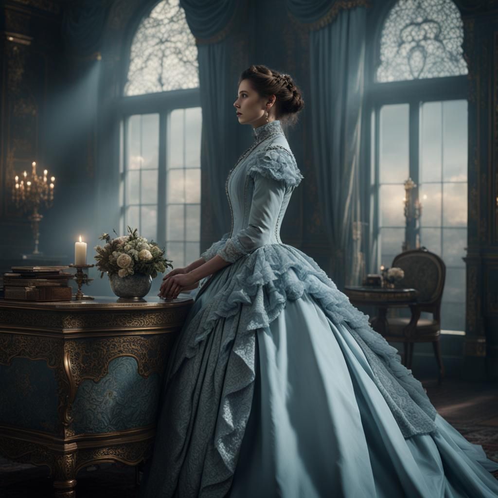 Woman in Pale Blue Victorian Dress: Digital Matte Painting
