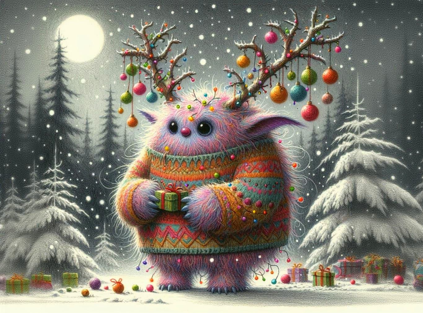 Whimsical Monster in Snowy Forest with Christmas Baubles